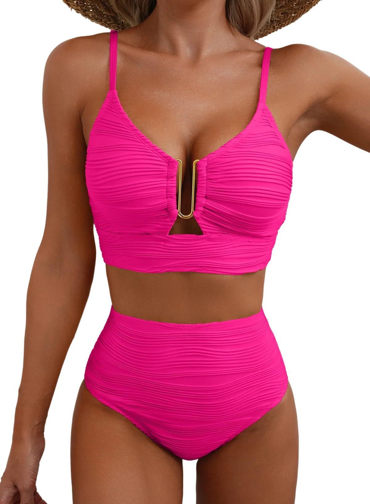 Maillot de bain bikini col en V ajouré taille haute pour femme - KaoKao