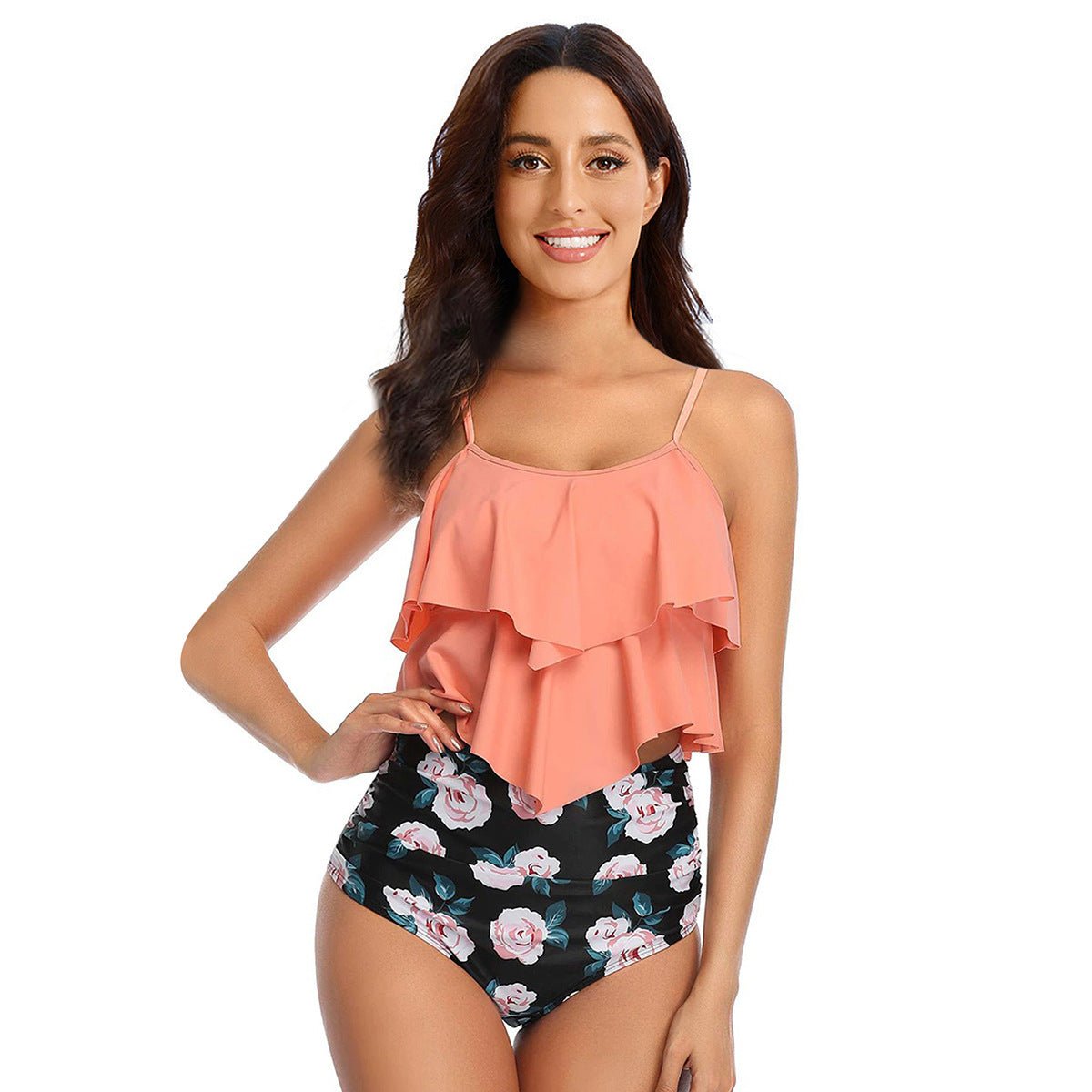 Maillot de bain deux pièces taille haute à volants pour femme, style conservateur - KaoKao