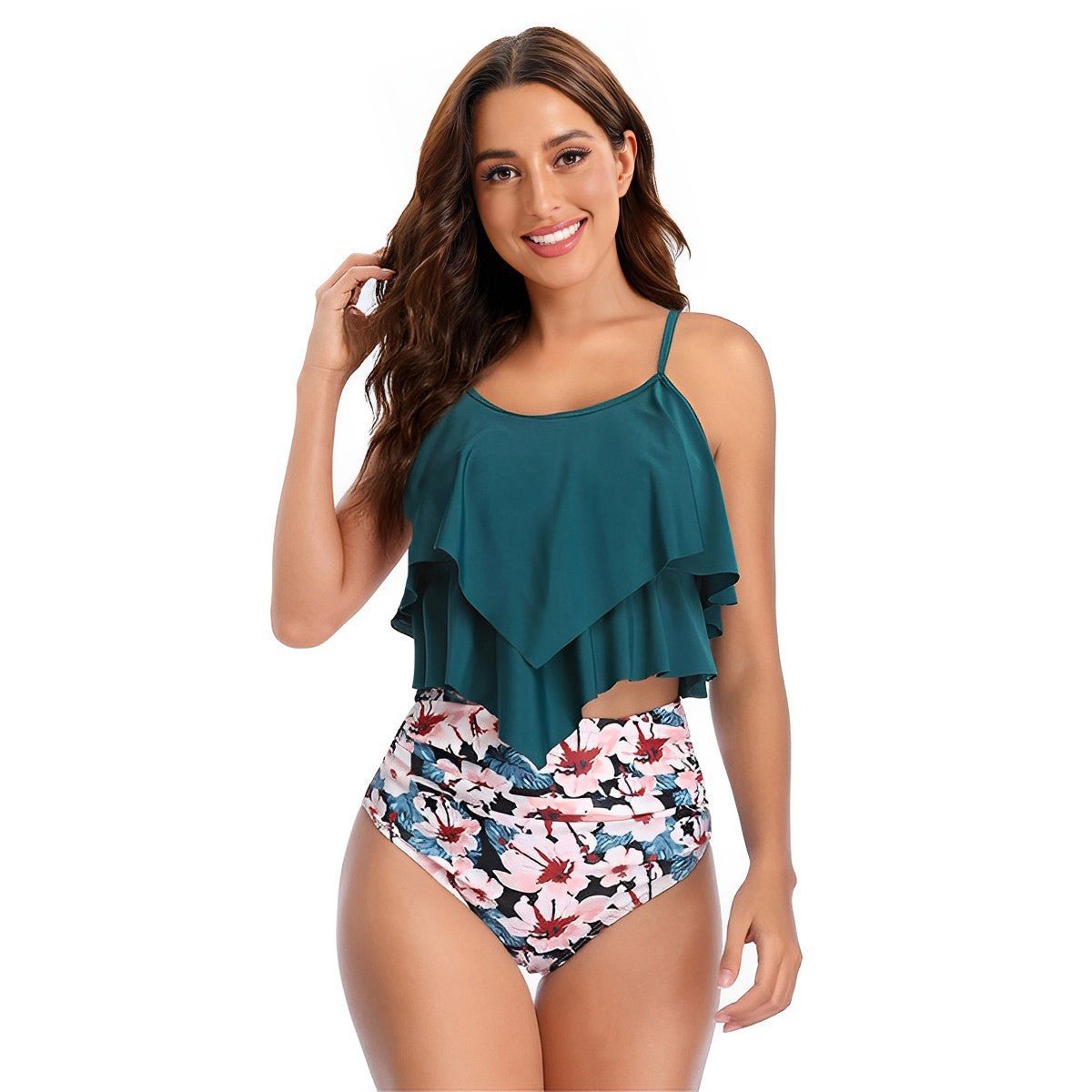 Maillot de bain deux pièces taille haute à volants pour femme, style conservateur - KaoKao