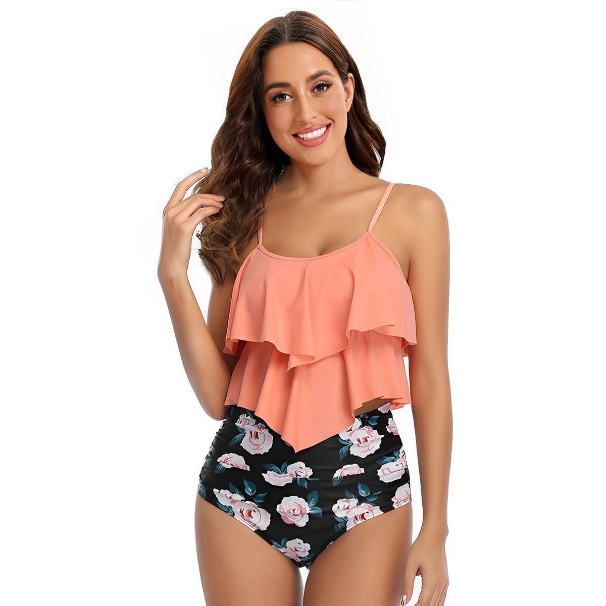 Maillot de bain deux pièces taille haute à volants pour femme, style conservateur - KaoKao