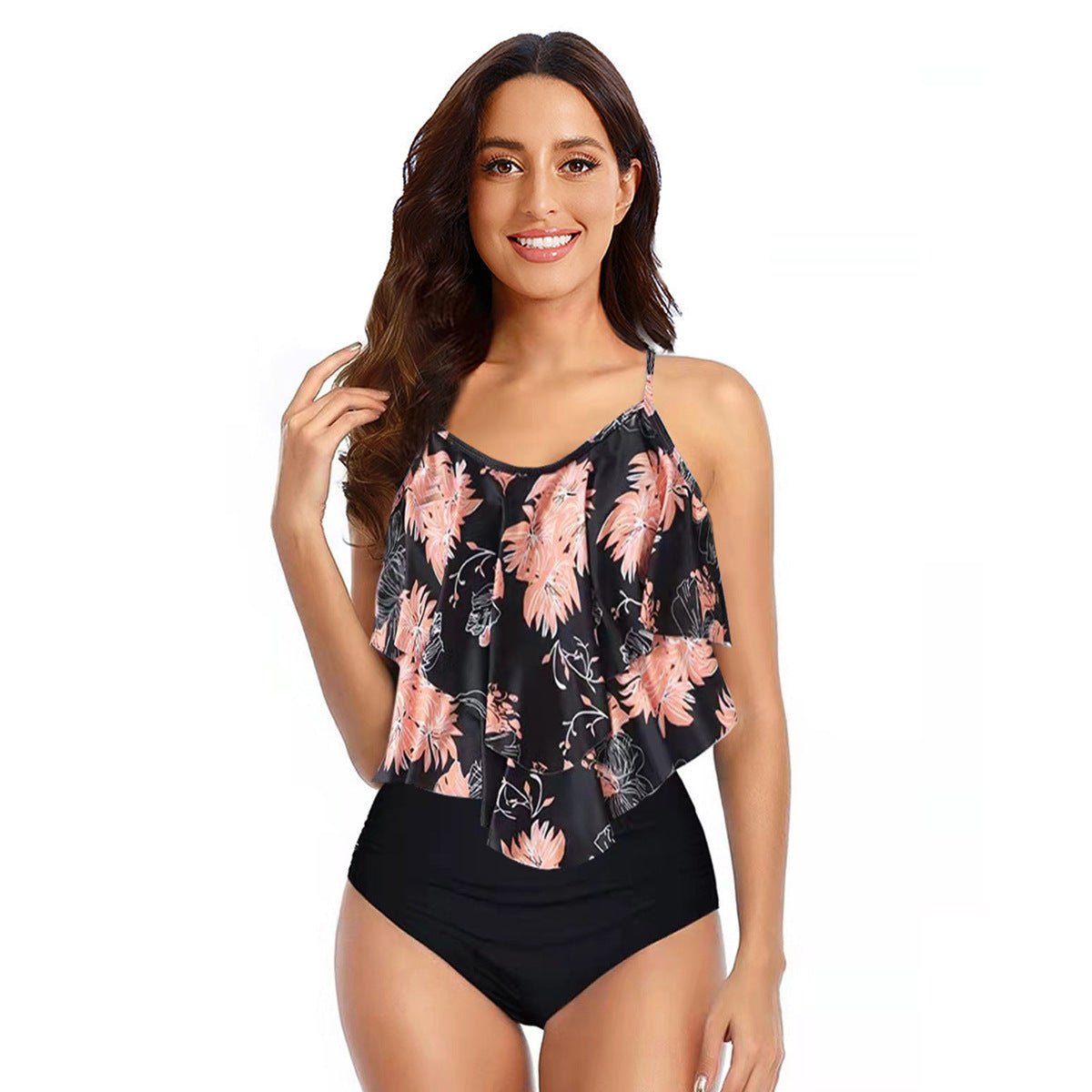 Maillot de bain deux pièces taille haute à volants pour femme, style conservateur - KaoKao