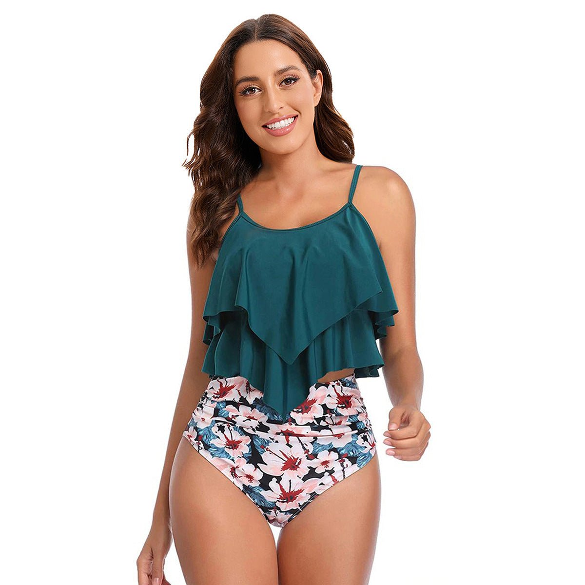 Maillot de bain deux pièces taille haute à volants pour femme, style conservateur - KaoKao