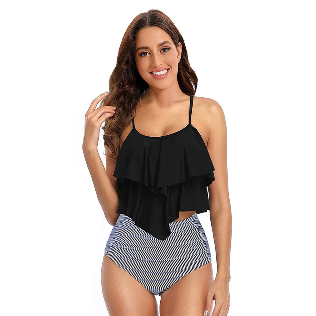 Maillot de bain deux pièces taille haute à volants pour femme, style conservateur - KaoKao