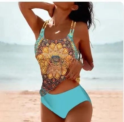 Maillot de bain rétro fendu taille haute imprimé plage à bretelles - KaoKao