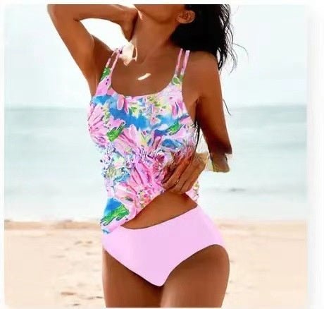 Maillot de bain rétro fendu taille haute imprimé plage à bretelles - KaoKao