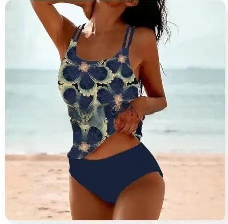 Maillot de bain rétro fendu taille haute imprimé plage à bretelles - KaoKao