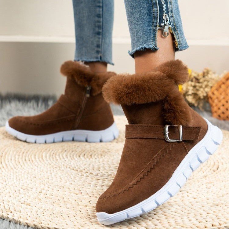 Nouvelles bottes de neige d'hiver chaudes et épaisses de couleur unie en peluche avec boucle et chaussures plates en velours pour femmes - KaoKao