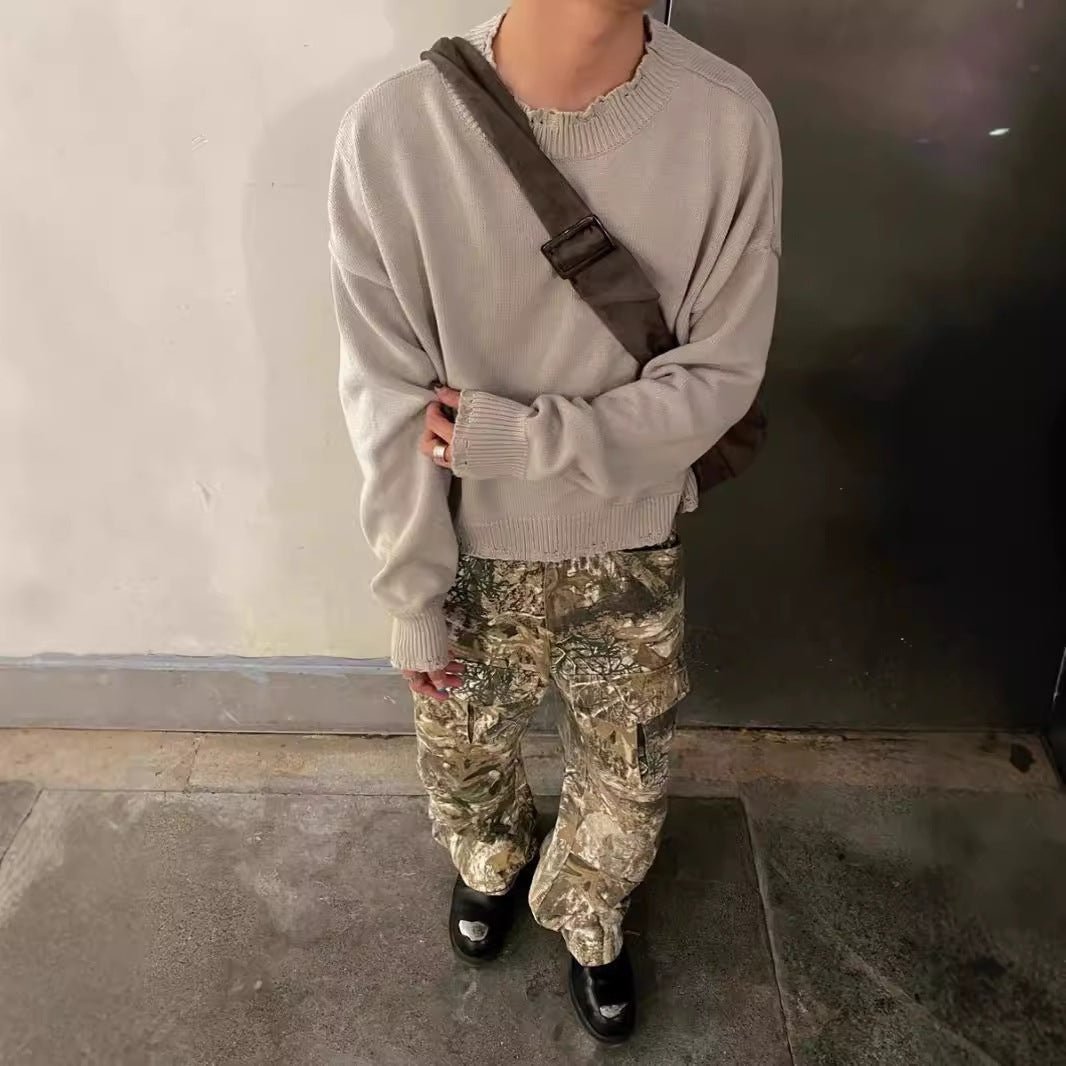 Pantalon camouflage vieilli, pantalon cargo ample et droit à jambe large - KaoKao