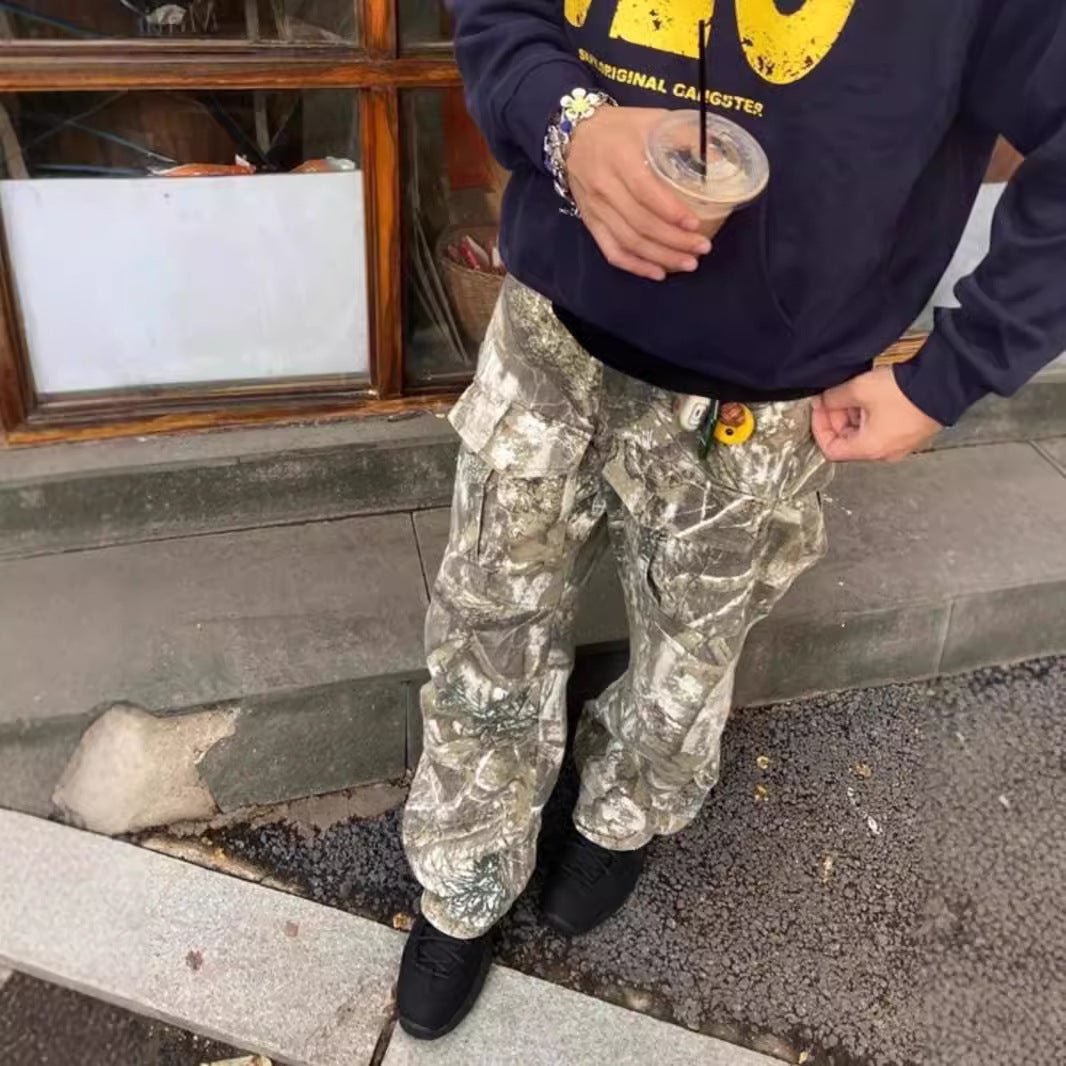 Pantalon camouflage vieilli, pantalon cargo ample et droit à jambe large - KaoKao