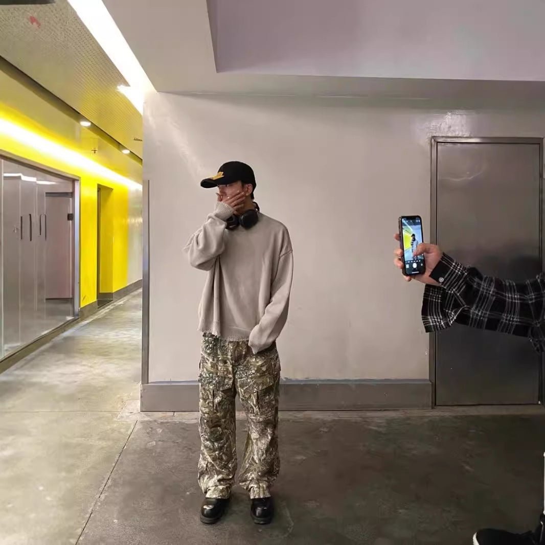 Pantalon camouflage vieilli, pantalon cargo ample et droit à jambe large - KaoKao