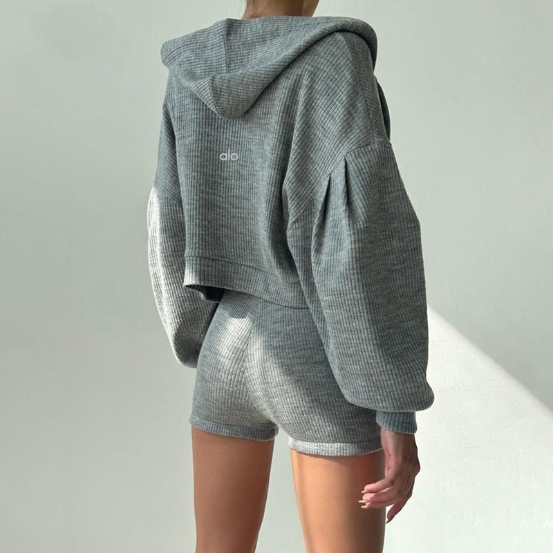 Pull tricoté à fermeture éclair, col en V, soutien - gorge triangle, short, costume trois pièces décontracté - KaoKao
