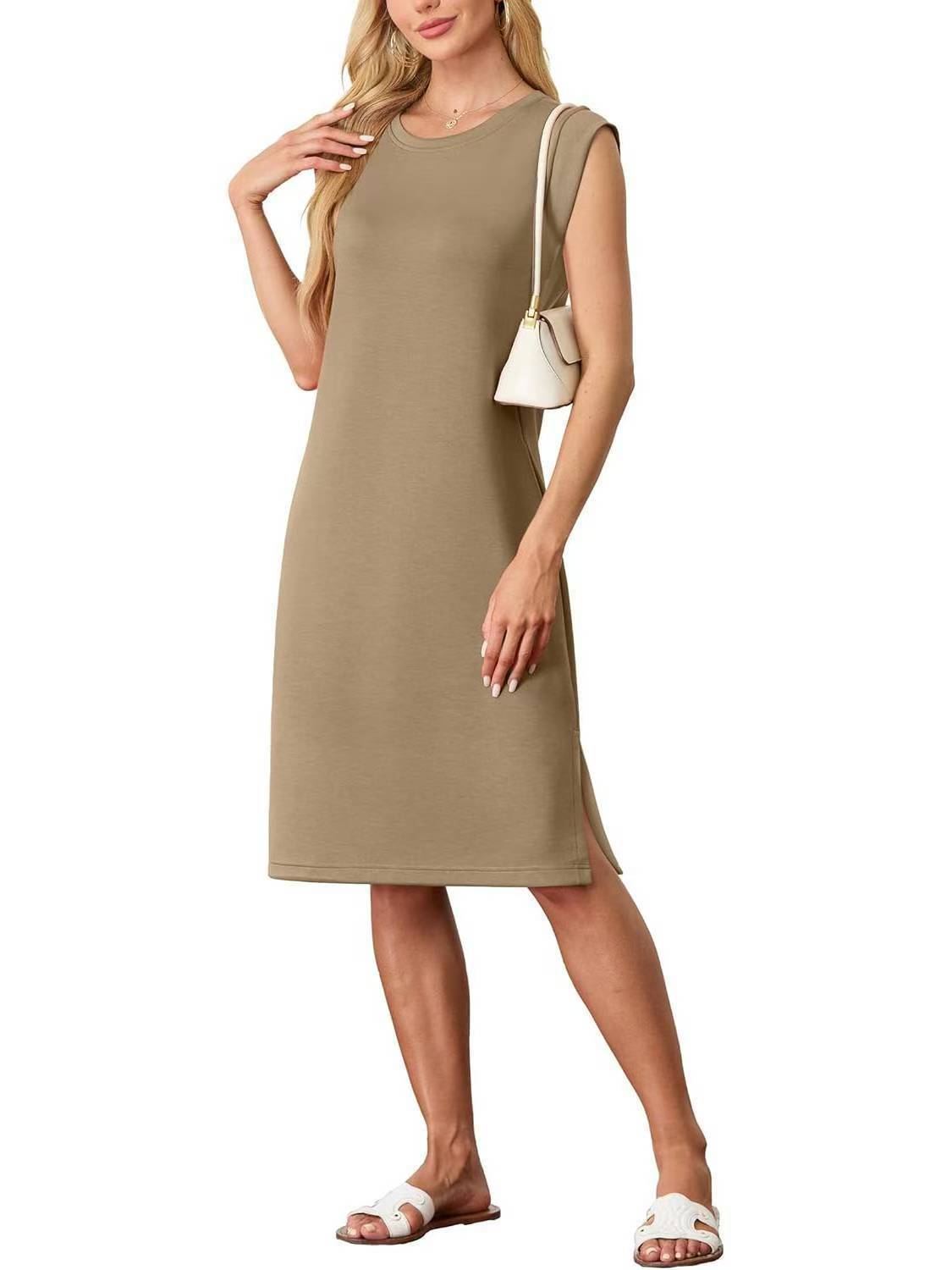 Robe à col rond sans manches et poches fendues pour femme - KaoKao