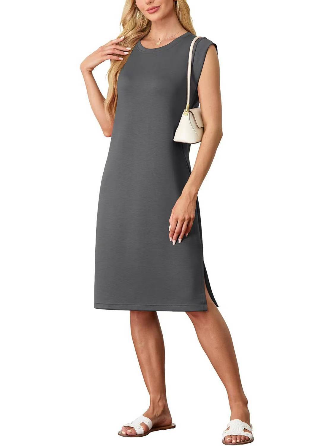 Robe à col rond sans manches et poches fendues pour femme - KaoKao