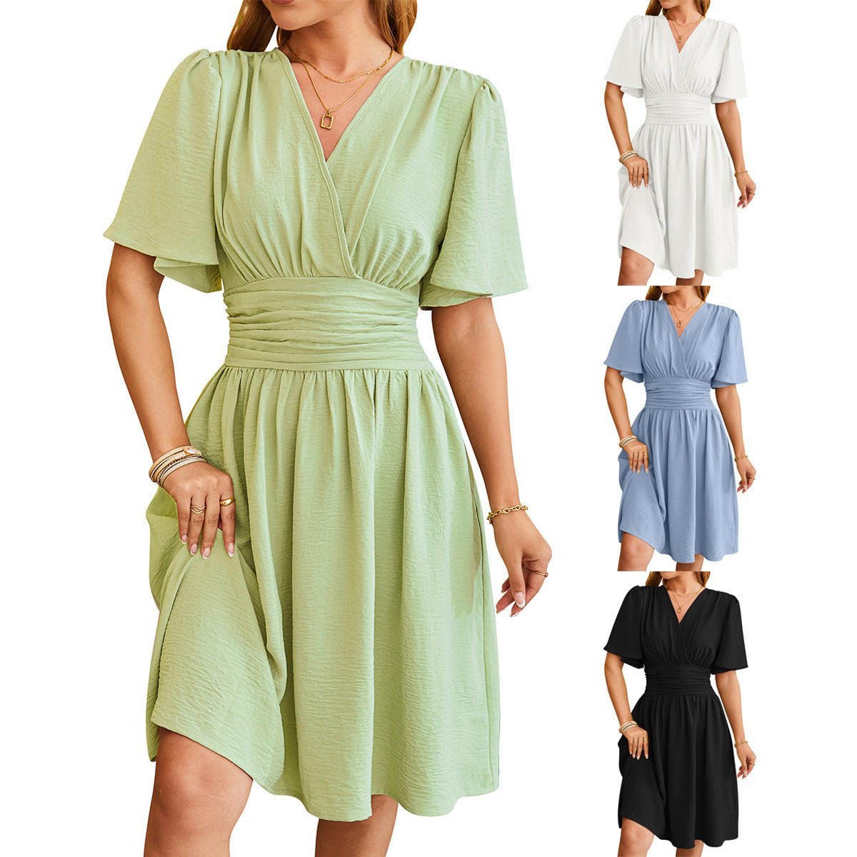 Robe à manches courtes et col en V, robe à manches cloche tendance, vêtements d'été pour femmes - KaoKao