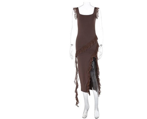 Robe à volants fendue à la cuisse pour femme, tenue sexy à bretelles spaghetti, col carré, dos nu, pour soirée, vêtements de fête - KaoKao