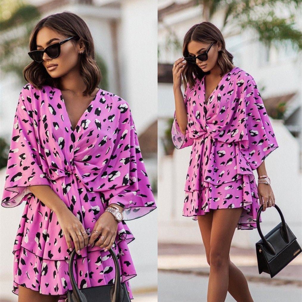 Robe ample à imprimé tendance, col en V, manches poupées - KaoKao