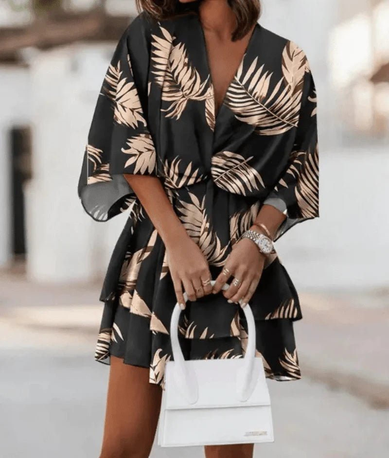 Robe ample à imprimé tendance, col en V, manches poupées - KaoKao