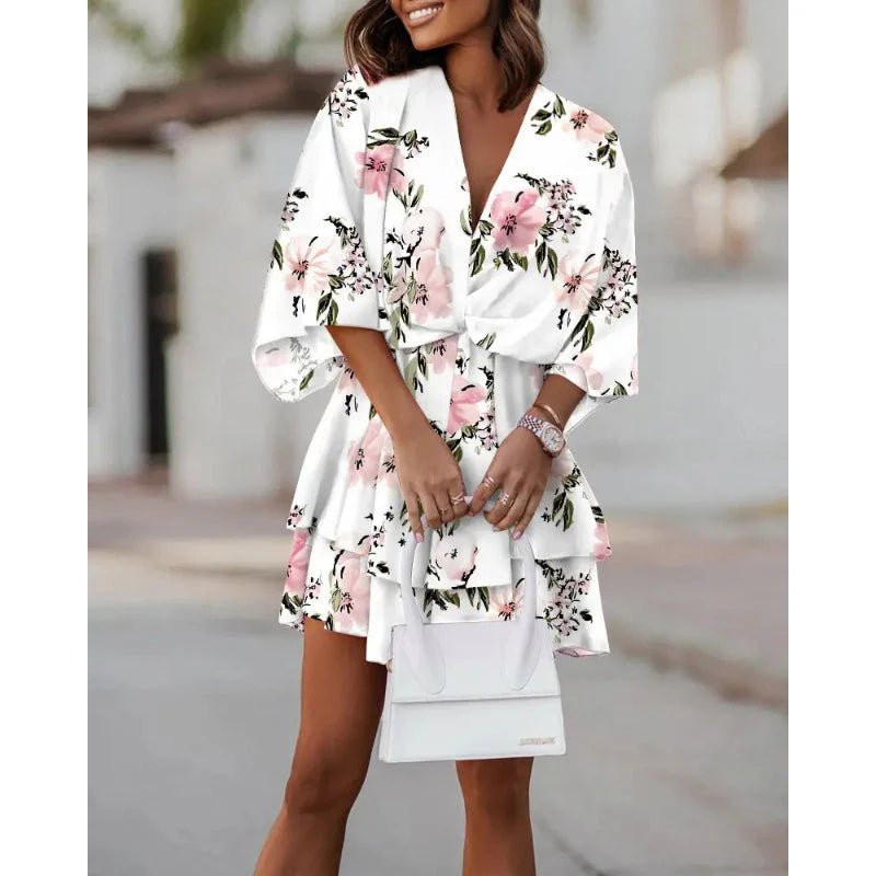 Robe ample à imprimé tendance, col en V, manches poupées - KaoKao