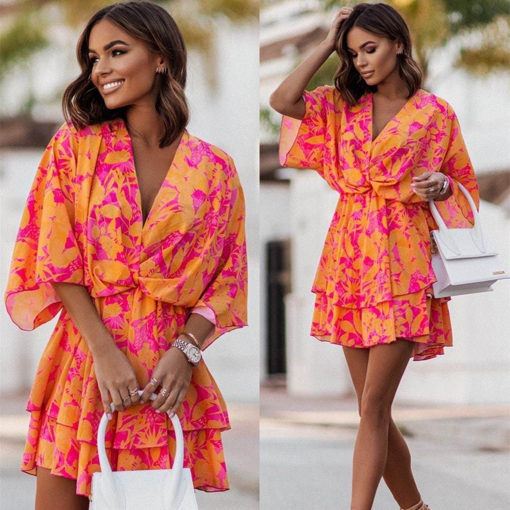 Robe ample à imprimé tendance, col en V, manches poupées - KaoKao