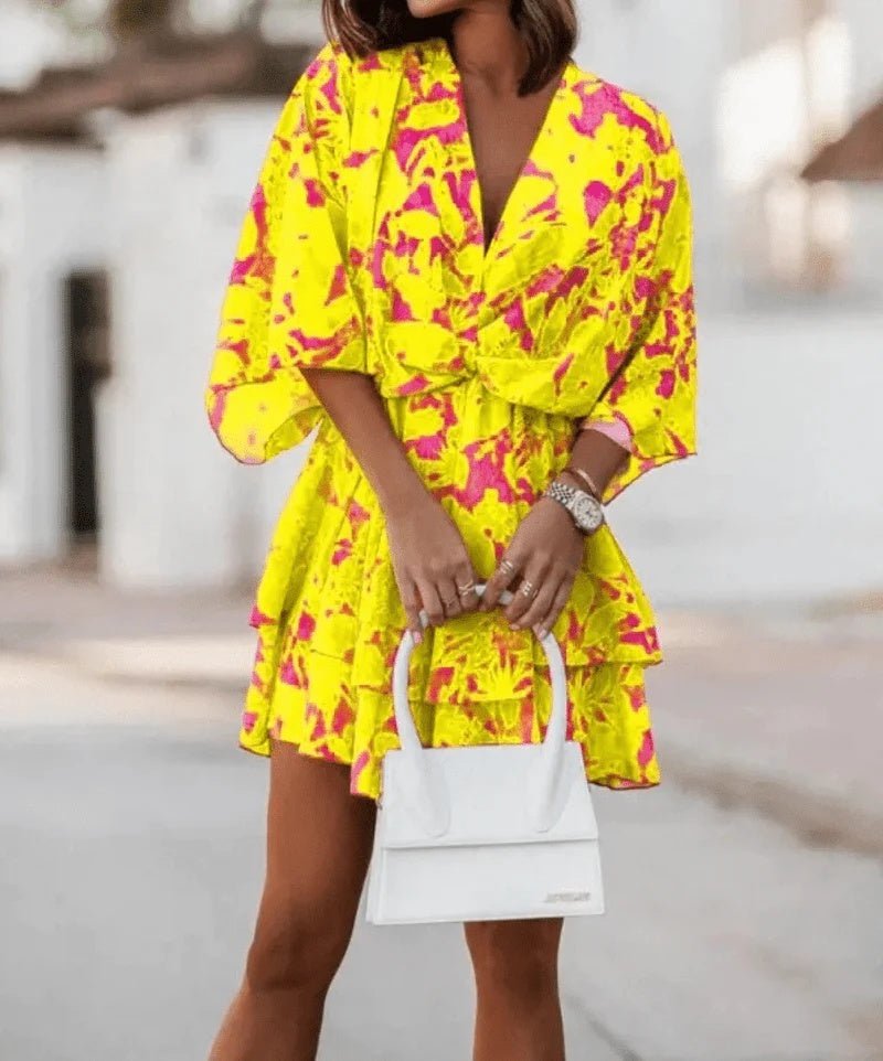 Robe ample à imprimé tendance, col en V, manches poupées - KaoKao