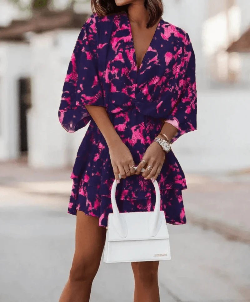 Robe ample à imprimé tendance, col en V, manches poupées - KaoKao