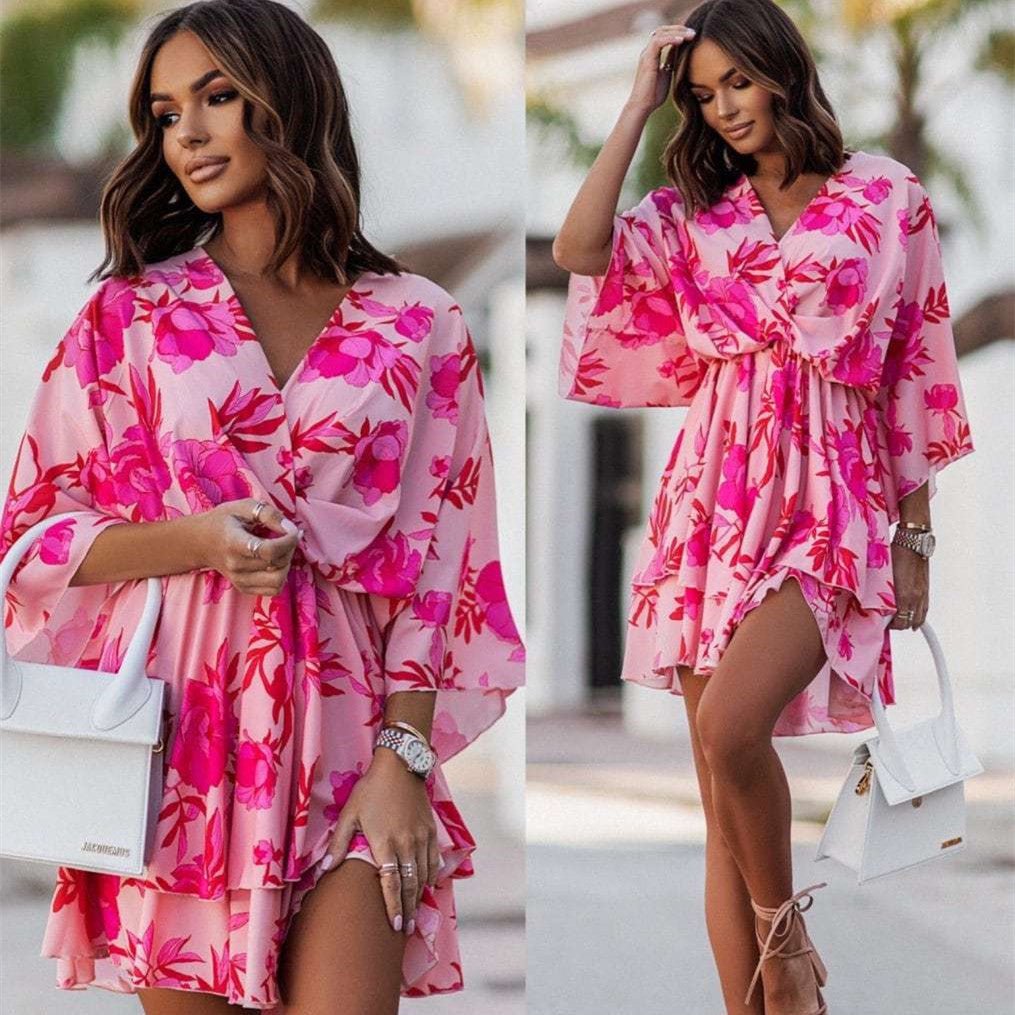 Robe ample à imprimé tendance, col en V, manches poupées - KaoKao