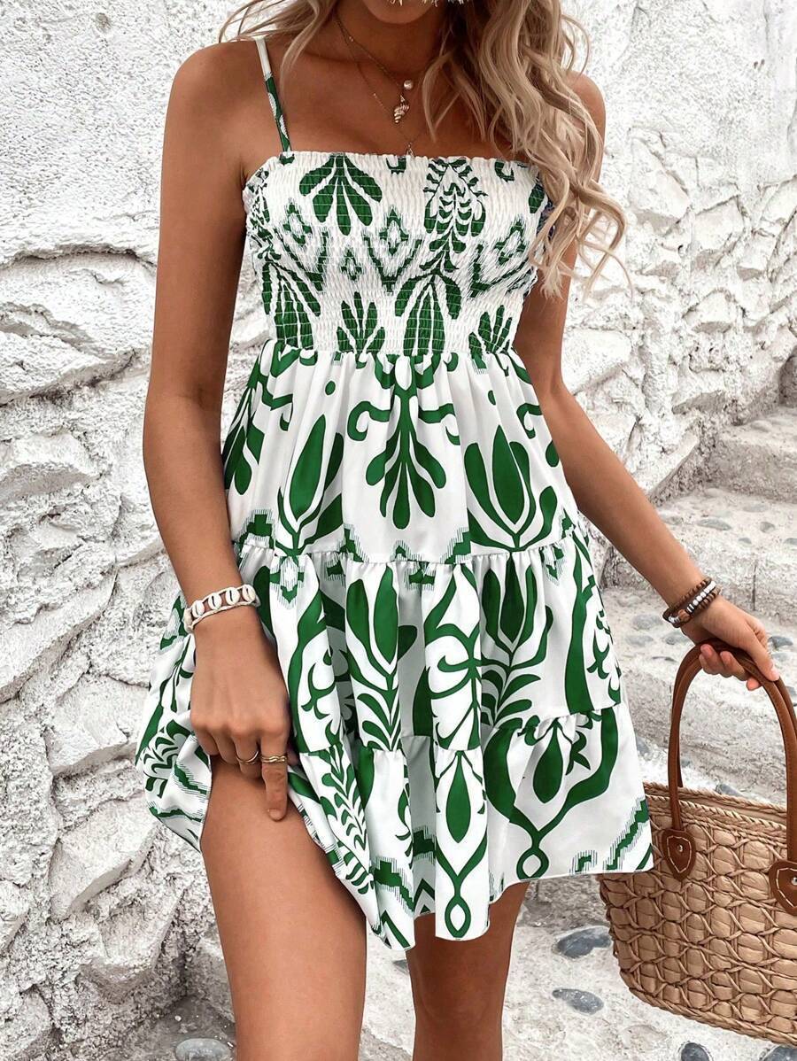 Robe camisole froncée à imprimé végétal pour femme - KaoKao
