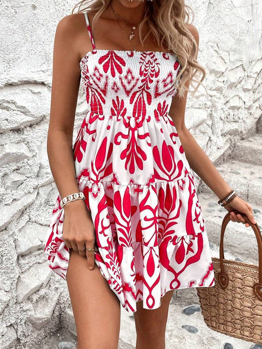 Robe camisole froncée à imprimé végétal pour femme - KaoKao