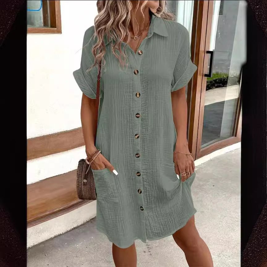 Robe chemise d'été à manches courtes, couleur unie, simple boutonnage, mi - longue, ample - KaoKao