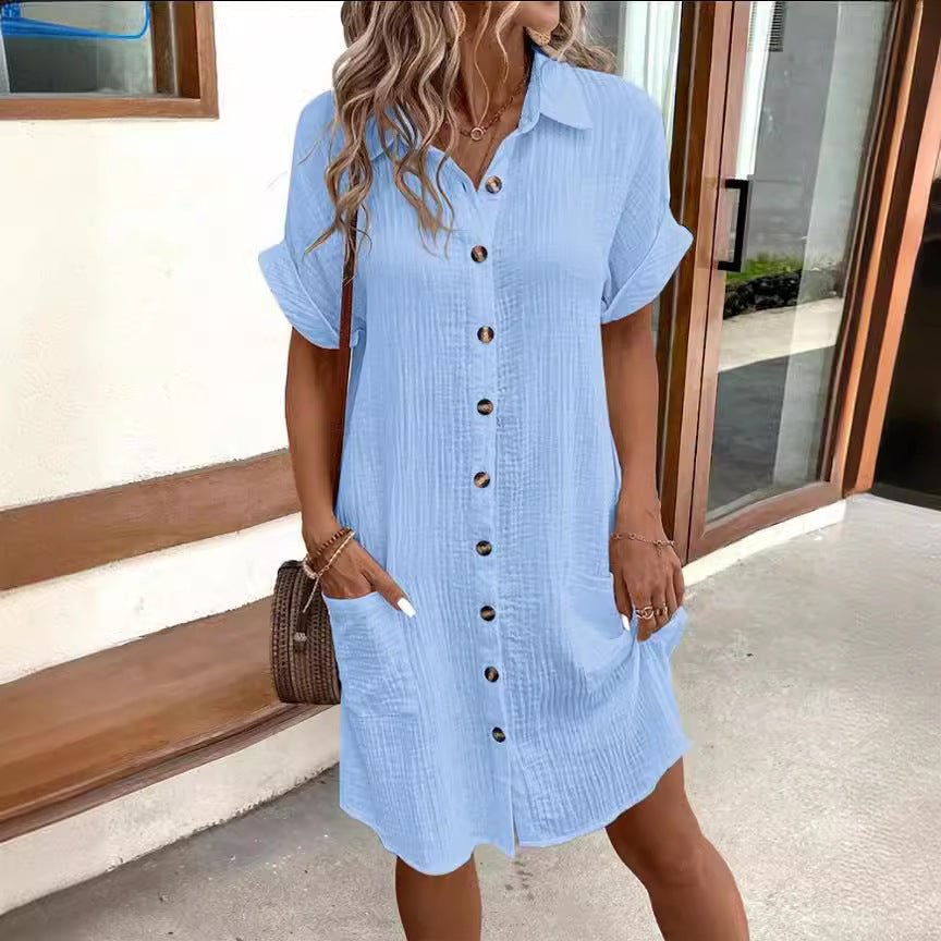 Robe chemise d'été à manches courtes, couleur unie, simple boutonnage, mi - longue, ample - KaoKao