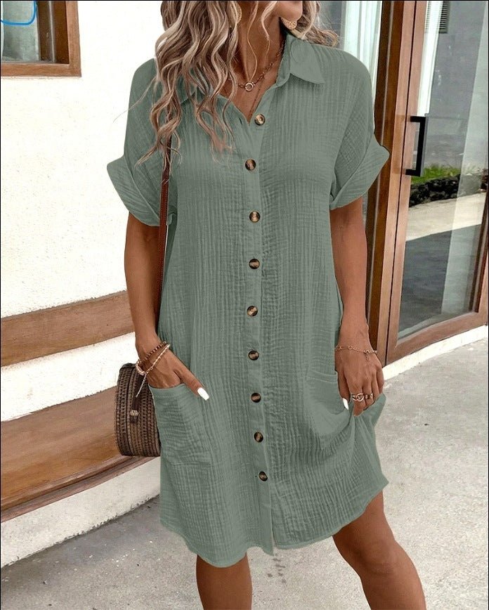 Robe chemise d'été à manches courtes, couleur unie, simple boutonnage, mi - longue, ample - KaoKao