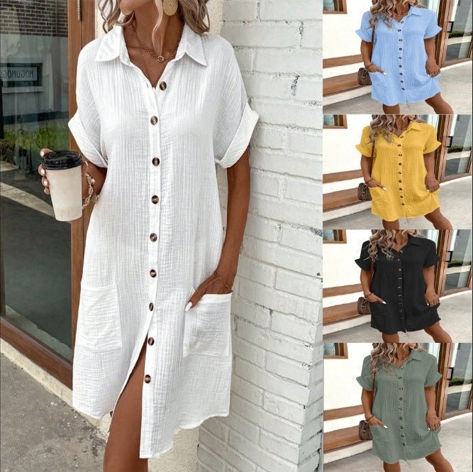 Robe chemise d'été à manches courtes, couleur unie, simple boutonnage, mi - longue, ample - KaoKao
