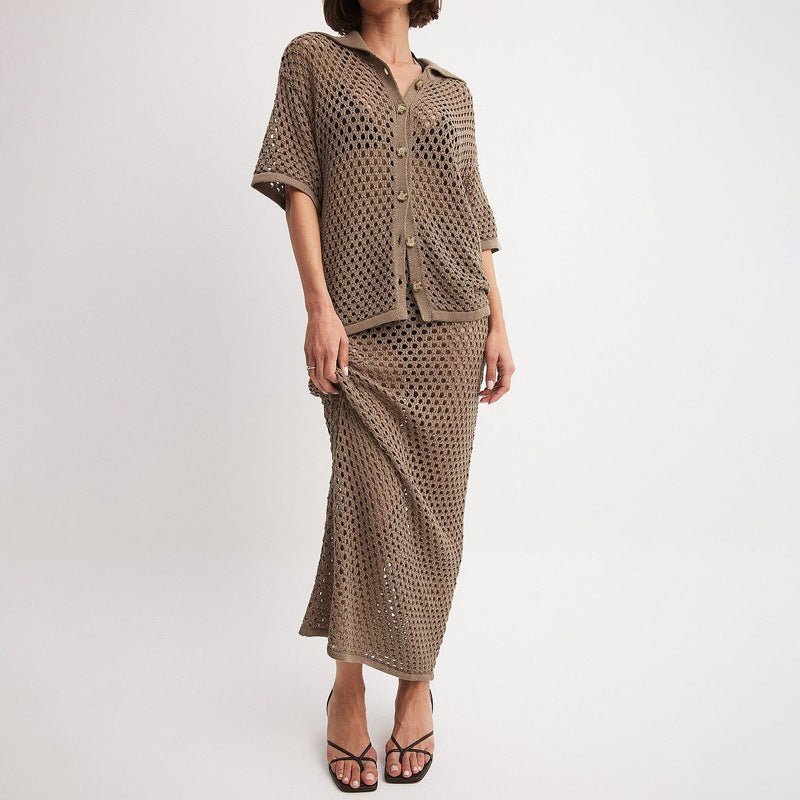Robe chemise en maille résille ajourée à la mode avec jupe décontractée - KaoKao
