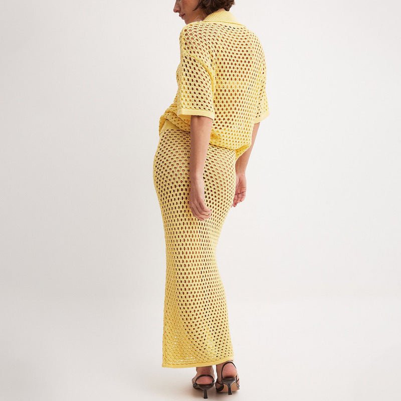 Robe chemise en maille résille ajourée à la mode avec jupe décontractée - KaoKao