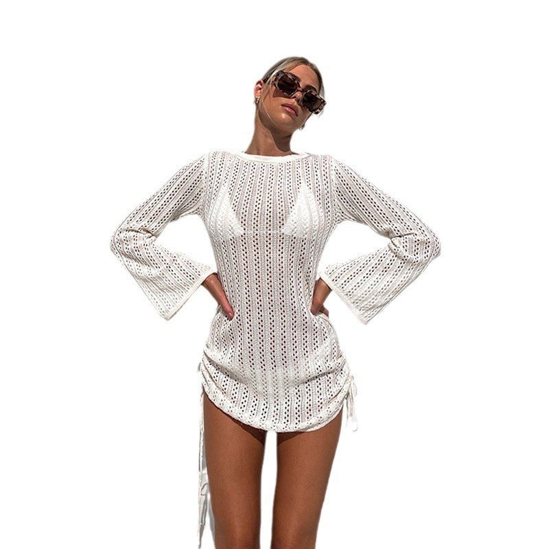 Robe chemisier ajourée à bretelles latérales et col rond pour femme, dos nu, protection solaire - KaoKao