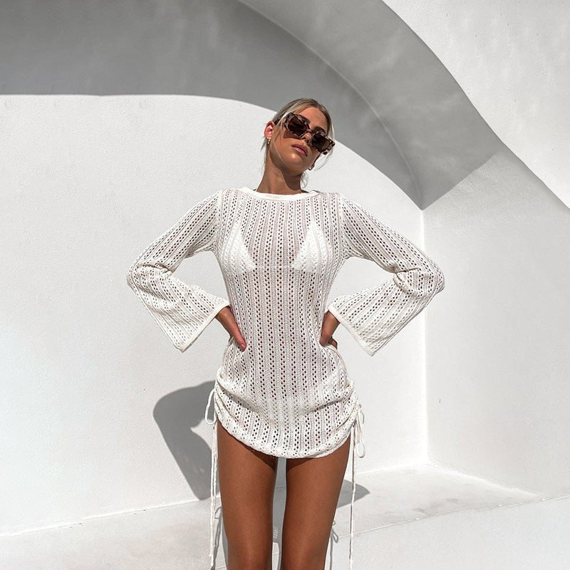 Robe chemisier ajourée à bretelles latérales et col rond pour femme, dos nu, protection solaire - KaoKao