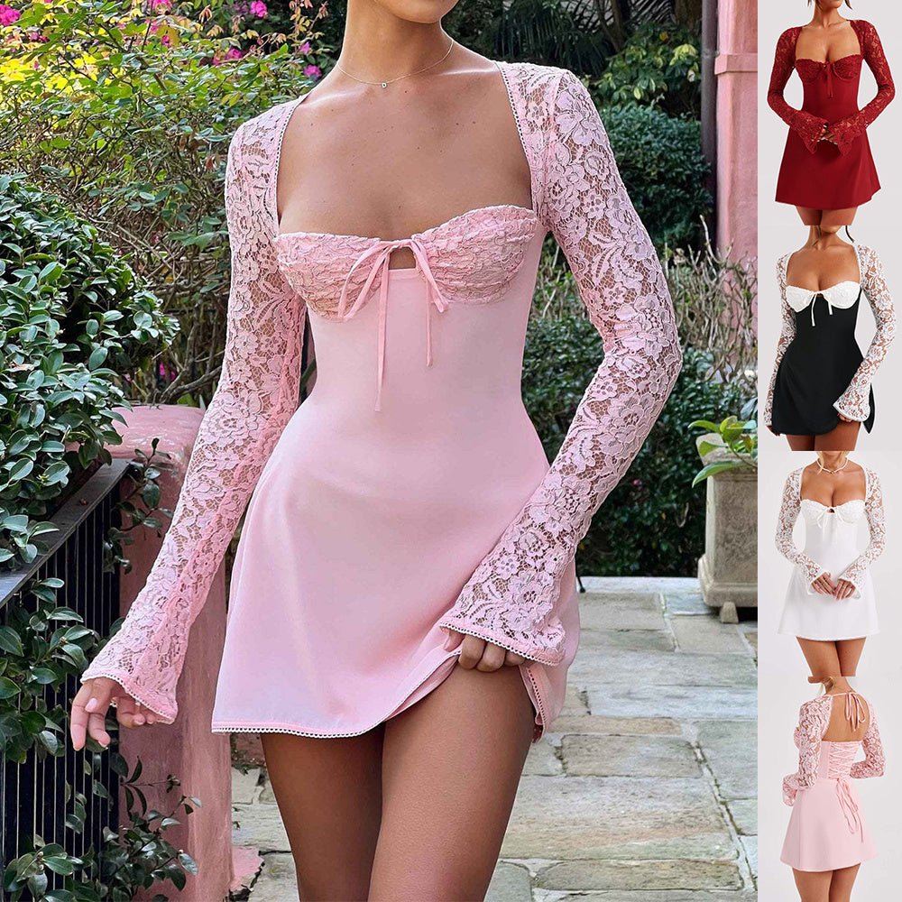 Robe corset à manches longues en dentelle, style Y2K, sexy, dos nu, à lacets, courte, vêtements pour femmes - KaoKao