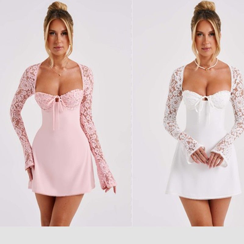 Robe corset à manches longues en dentelle, style Y2K, sexy, dos nu, à lacets, courte, vêtements pour femmes - KaoKao