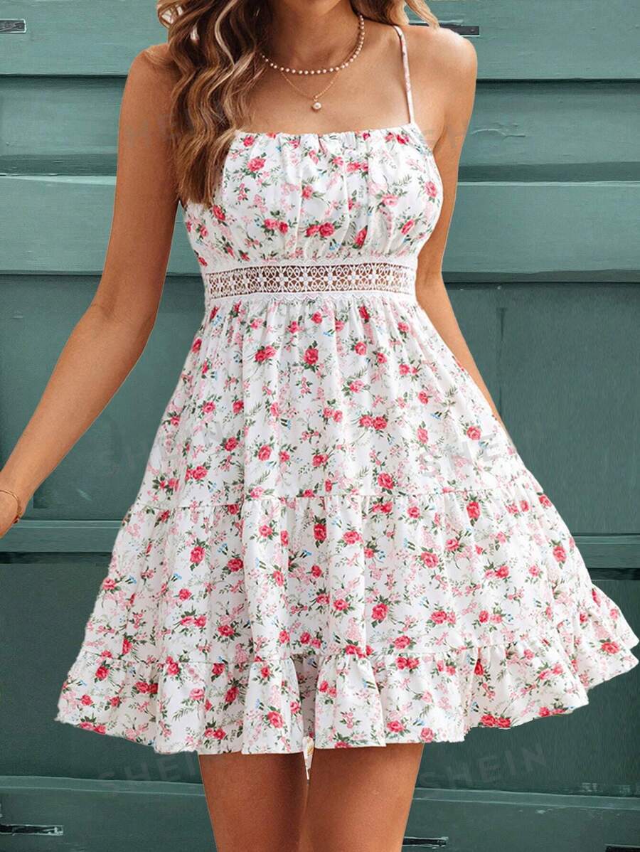 Robe courte à imprimé floral avec bordure en dentelle et bretelles réglables - KaoKao