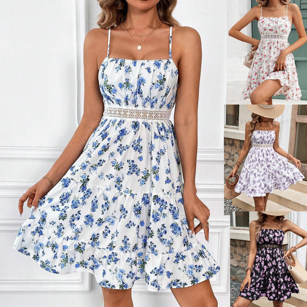 Robe courte à imprimé floral avec bordure en dentelle et bretelles réglables - KaoKao