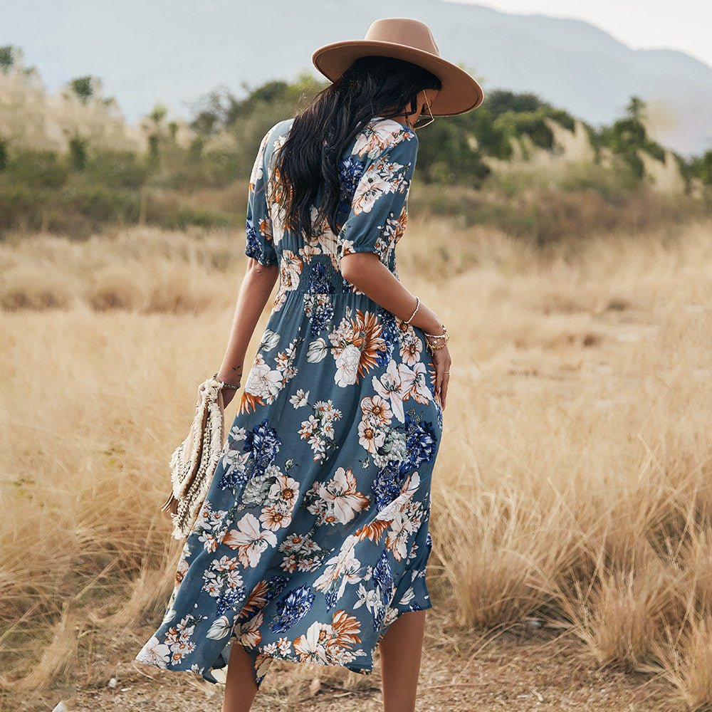 Robe de plage fleurie d'été avec col en V et taille élastique pour femme - KaoKao