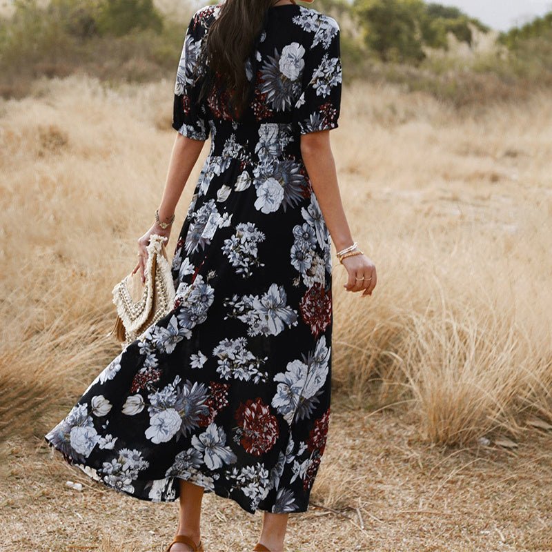 Robe de plage fleurie d'été avec col en V et taille élastique pour femme - KaoKao