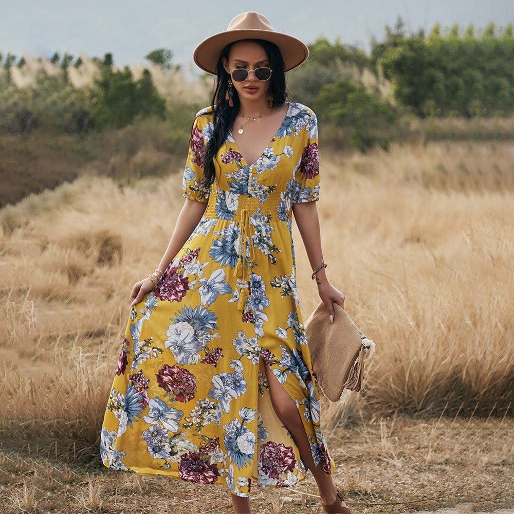 Robe de plage fleurie d'été avec col en V et taille élastique pour femme - KaoKao