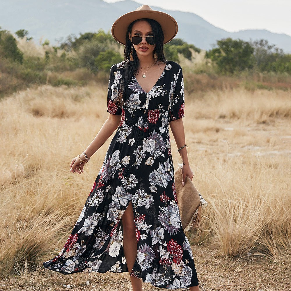 Robe de plage fleurie d'été avec col en V et taille élastique pour femme - KaoKao