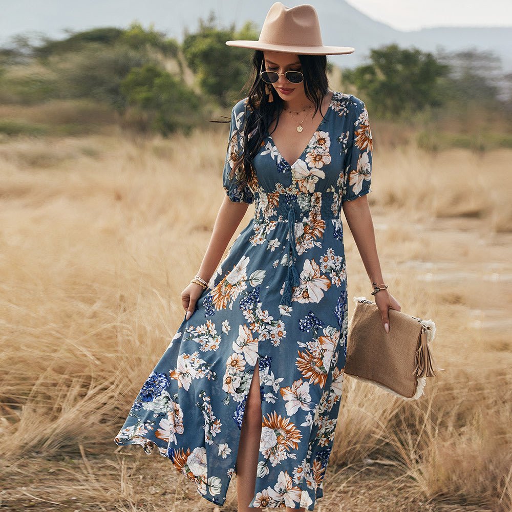 Robe de plage fleurie d'été avec col en V et taille élastique pour femme - KaoKao