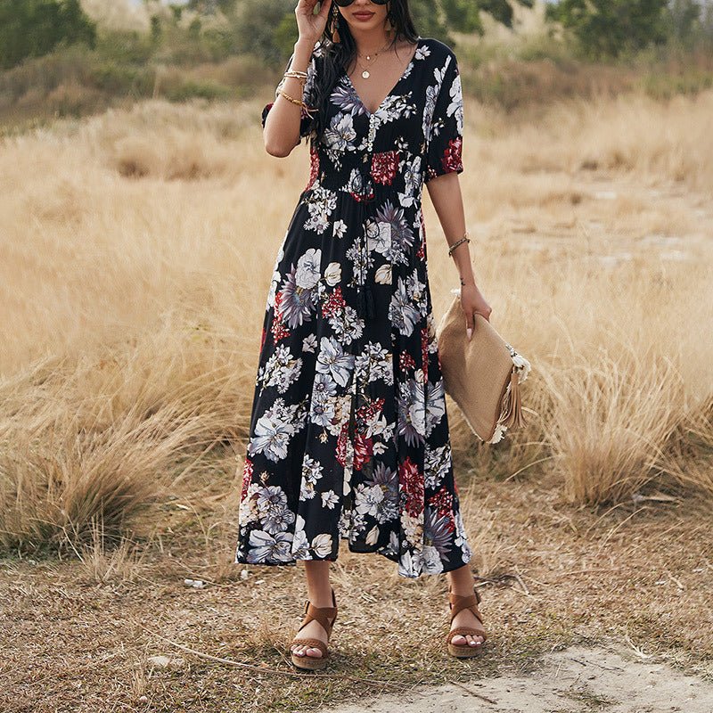 Robe de plage fleurie d'été avec col en V et taille élastique pour femme - KaoKao