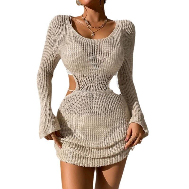 Robe de plage pour femme, couleur unie, tricotée, ajourée, cordon de serrage, bikini, maillot de bain, chemisier - KaoKao
