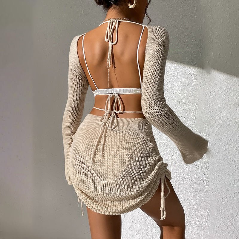 Robe de plage pour femme, couleur unie, tricotée, ajourée, cordon de serrage, bikini, maillot de bain, chemisier - KaoKao