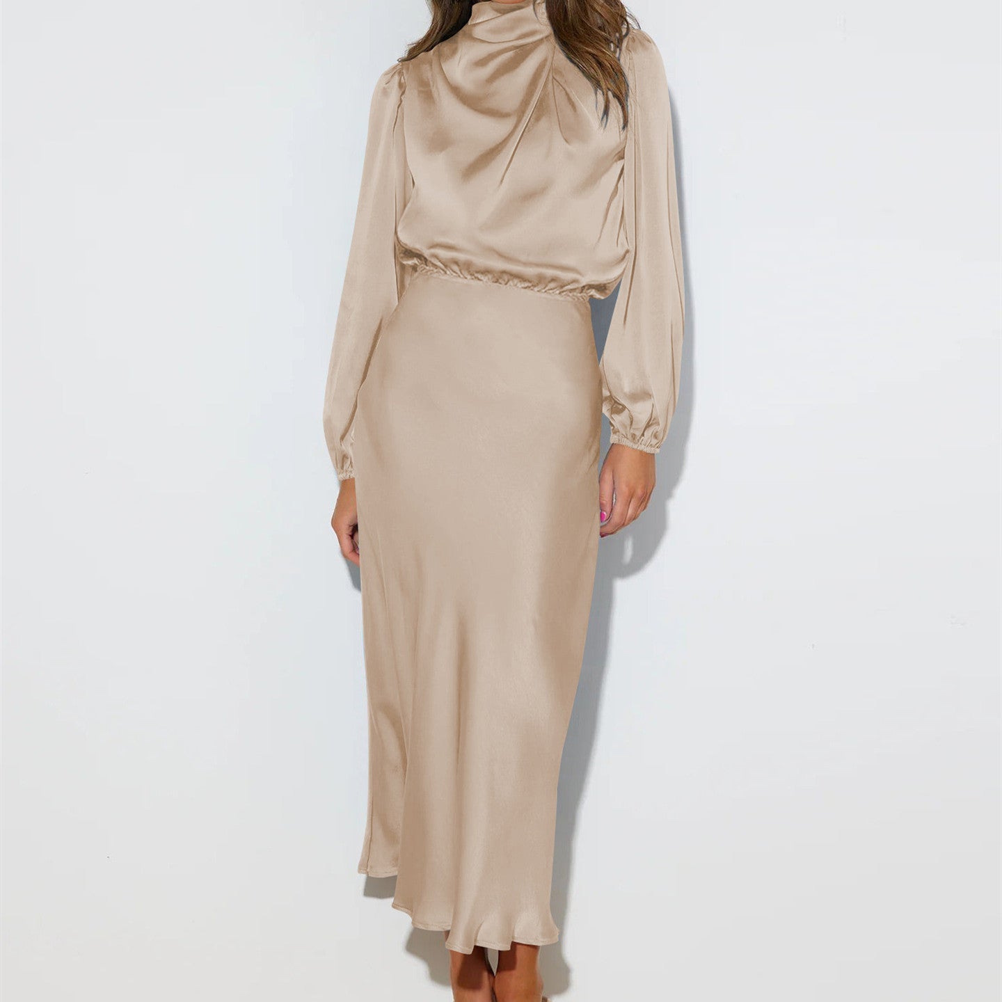 Robe de soirée élégante en satin à manches longues et col licou pour femme, tenue de soirée élégante, printemps et automne - KaoKao