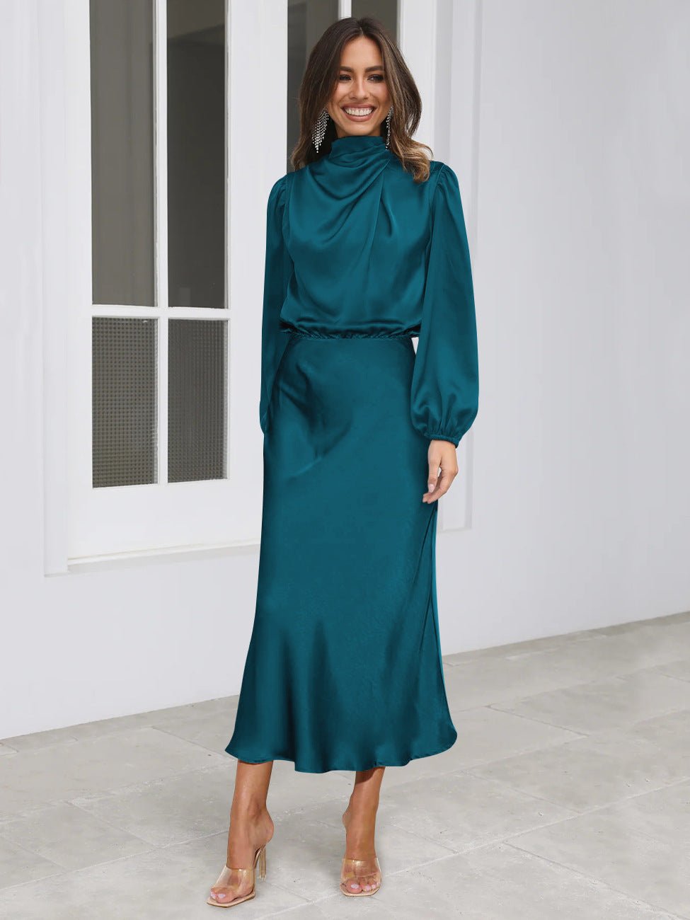 Robe de soirée élégante en satin à manches longues et col licou pour femme, tenue de soirée élégante, printemps et automne - KaoKao